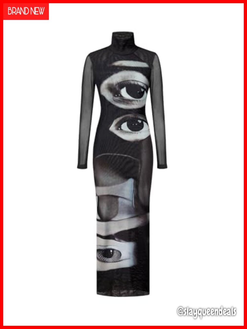 Sophia Eye Print Mesh Dress High Neck Long Sleeve Bodycon Backless